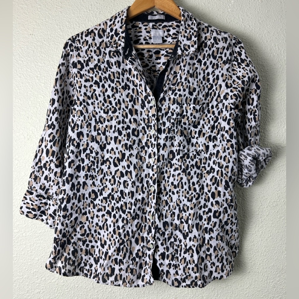 Chicos FRESH CHIC 100% LINEN Sz XL Leopard Blouse Shirt Top Summer